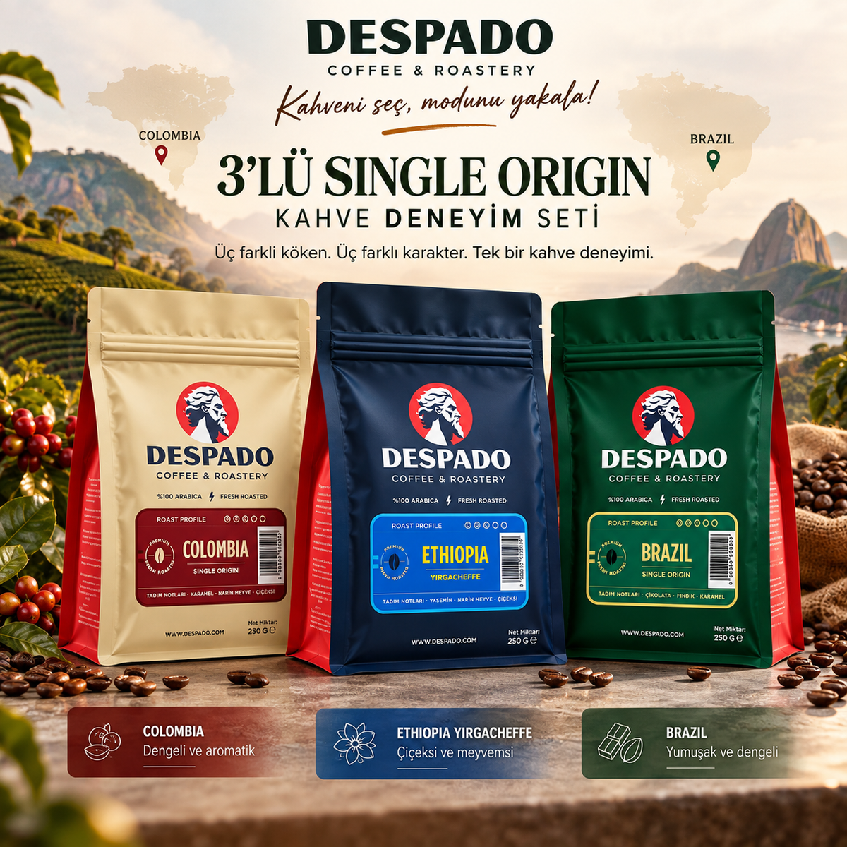 Despado Coffee 3'lü Single Origin Kahve Deneyim Seti
