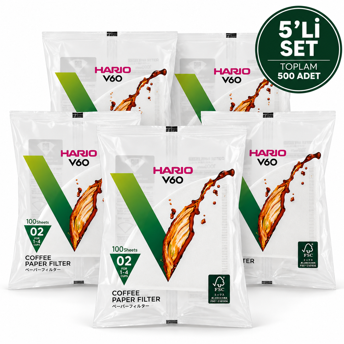 Hario V60 02 Filtre Kağıdı 5'li Paket – 500 Adet