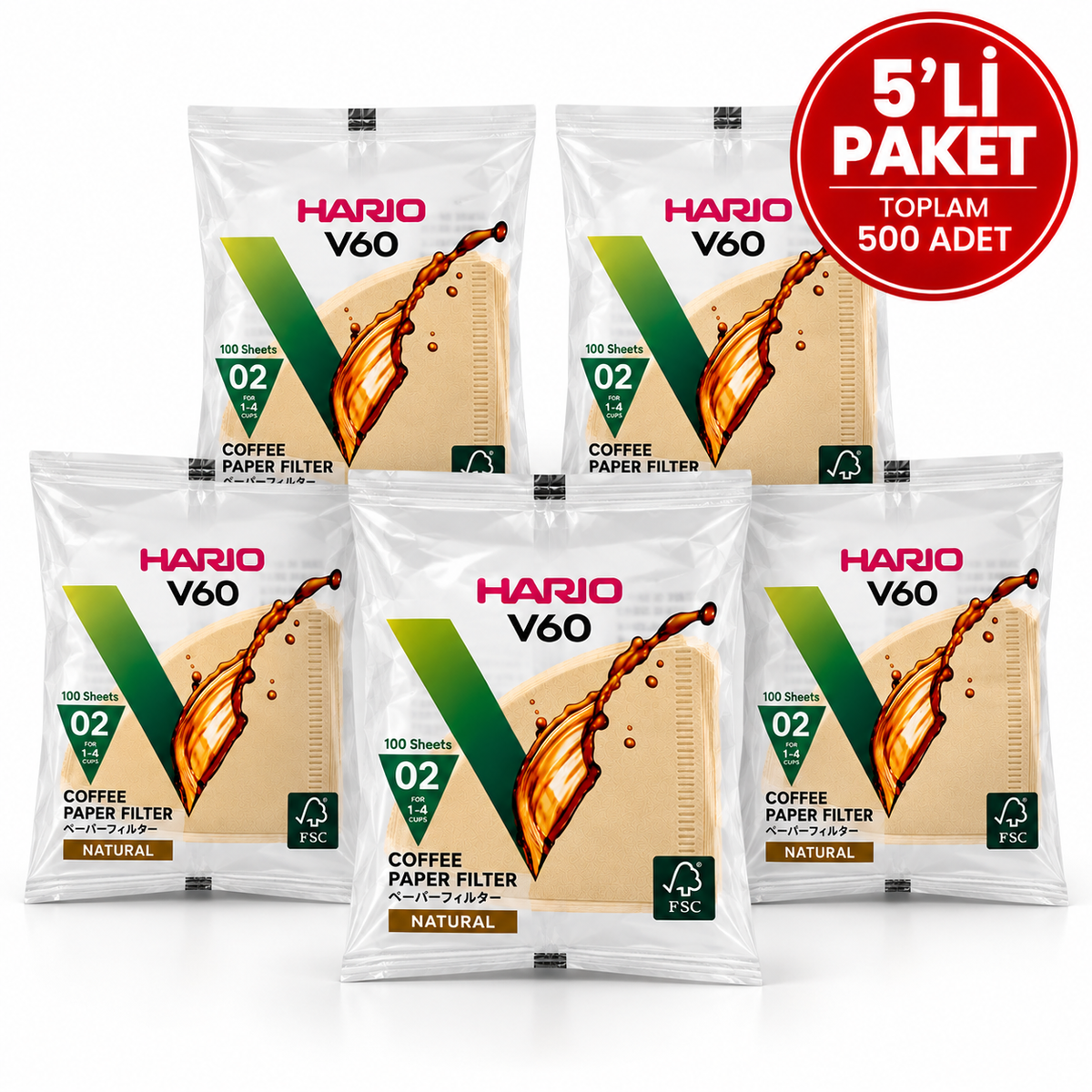 Hario V60 02 Filtre Kağıdı Naturel 5'li Paket