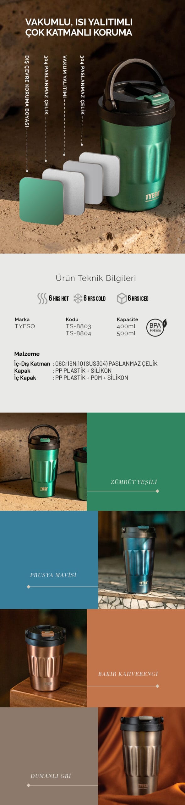 Tyeso Coffe Mug Vakumlu Paslanmaz Çelik 400 ML Taşıma Kulplu