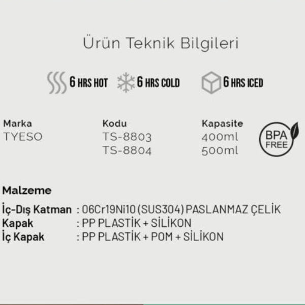 Tyeso Coffe Mug Vakumlu Paslanmaz Çelik 400 ML Taşıma Kulplu