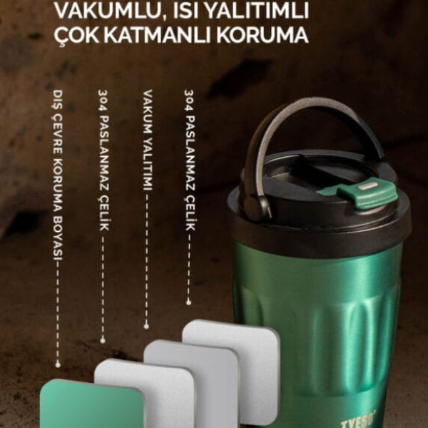 Tyeso Coffe Mug Vakumlu Paslanmaz Çelik Taşıma Kulplu 500ML