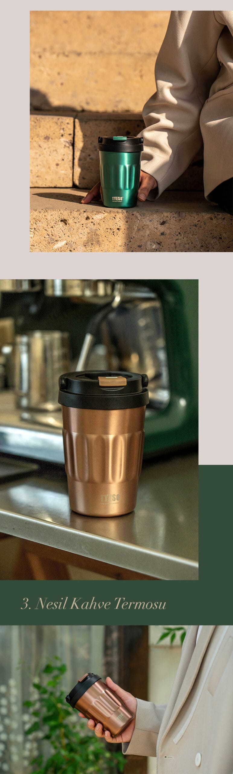 Tyeso Coffe Mug Vakumlu Paslanmaz Çelik Taşıma Kulplu 400ML