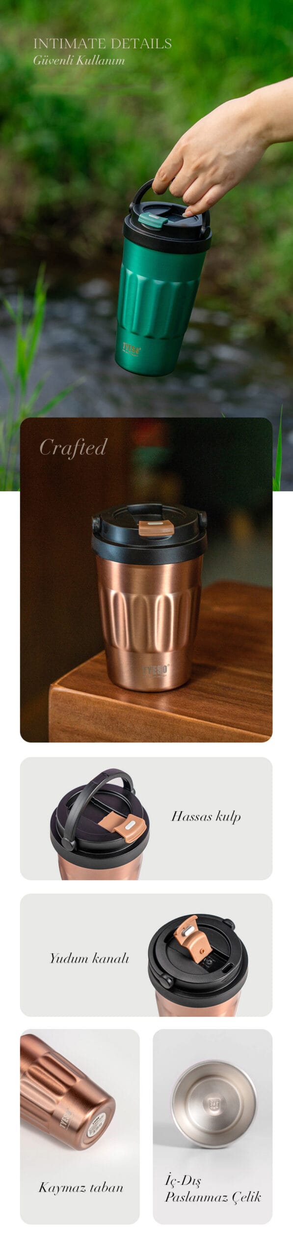 Tyeso Coffe Mug Vakumlu Paslanmaz Çelik 400 ML Taşıma Kulplu