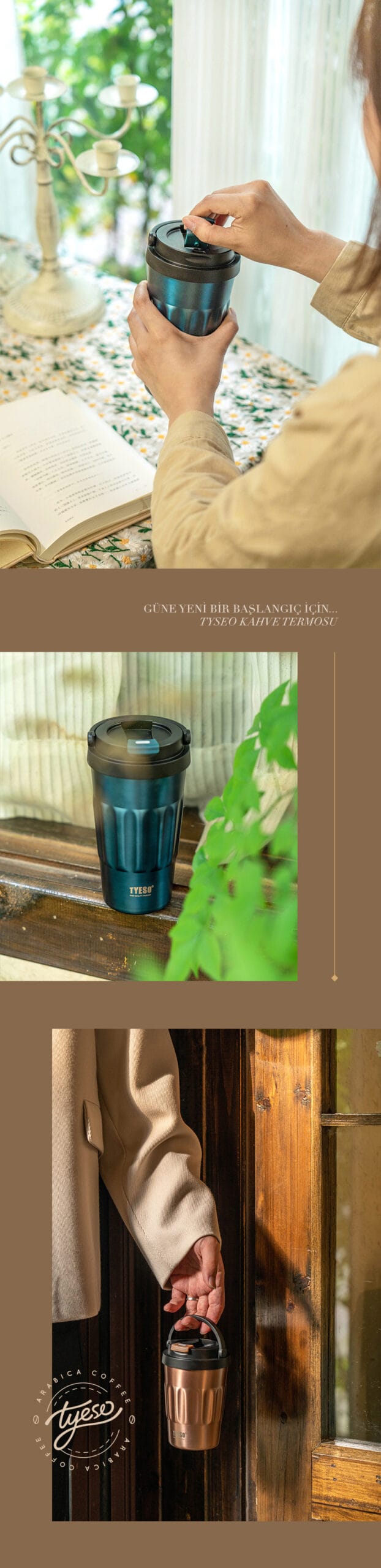 Tyeso Coffe Mug Vakumlu Paslanmaz Çelik Taşıma Kulplu 400ML