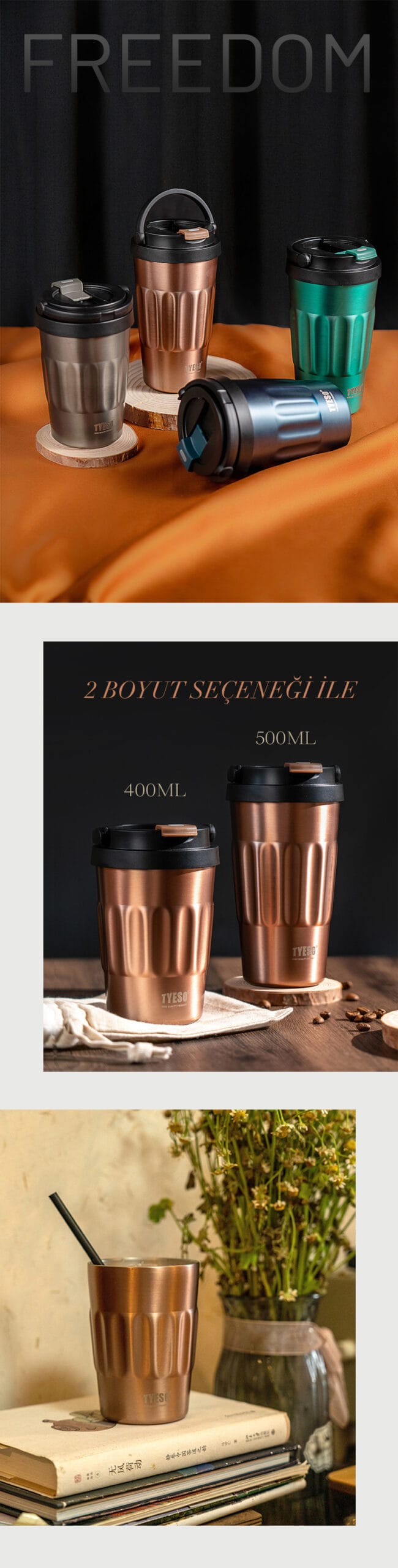 Tyeso Coffe Mug Vakumlu Paslanmaz Çelik 400 ML Taşıma Kulplu