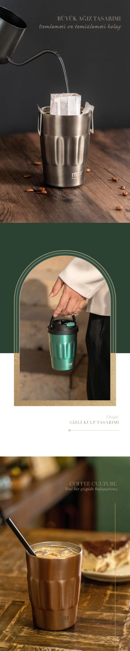 Tyeso Coffe Mug Vakumlu Paslanmaz Çelik 400 ML Taşıma Kulplu